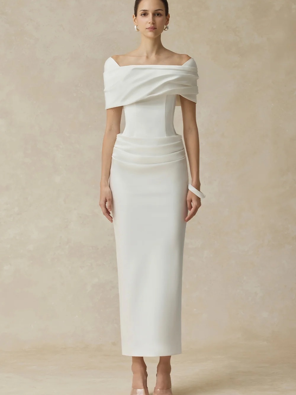 Off-Shoulder Ivory Sheath Wedding Dress